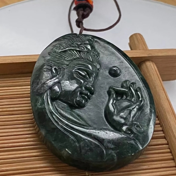 Certified Natural Gemstone Hotan Hetian Dark Green Carved Jade Pendant 53x38x8mm - Picture 3 of 9